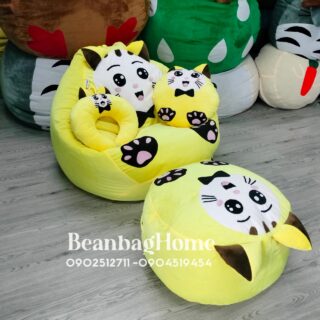 Ghế lười mèo con cute hạt xốp  4 món (ghế lười, đôn, gối ôm, gối kê cổ) Ghế lười cao cấp beanbaghome.com