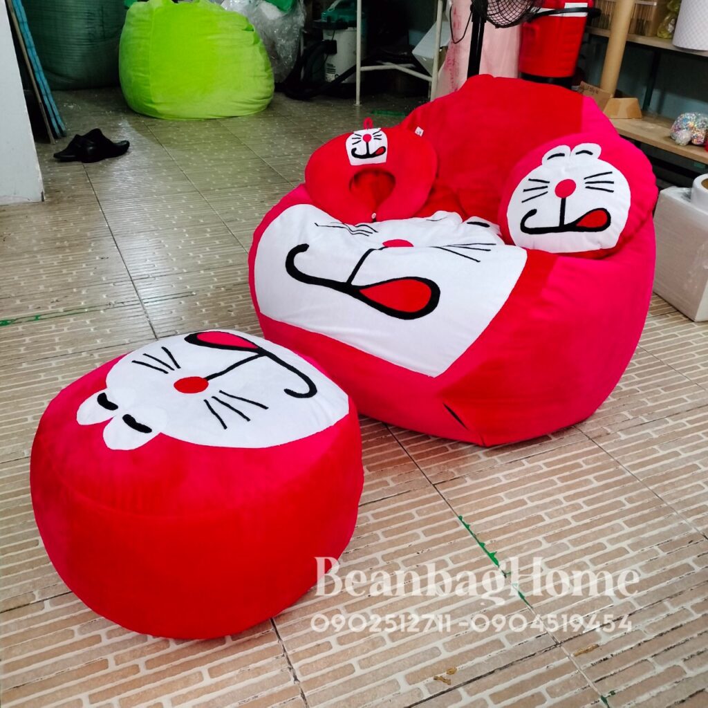 Ghế lười Doremon màu đỏ hạt xốp size L 4 món món (ghế lười, đôn, gối ôm, gối kê cổ)  