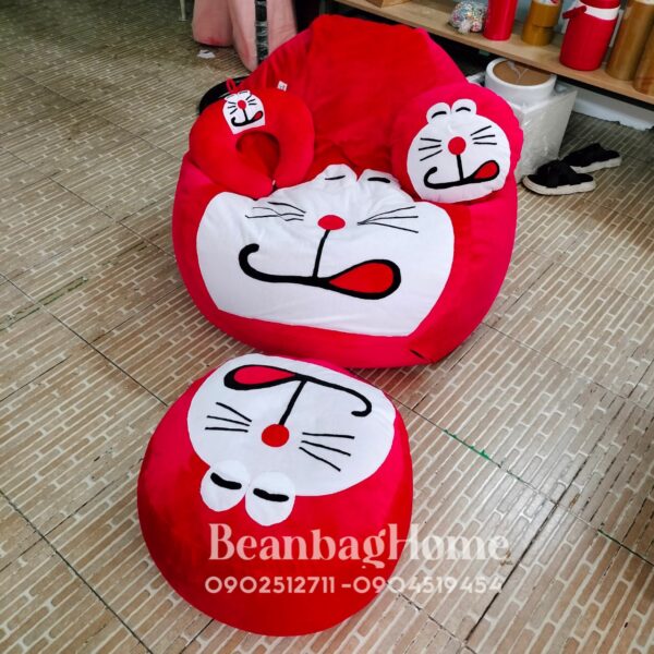 Ghế lười Doremon màu đỏ hạt xốp size L 4 món món (ghế lười, đôn, gối ôm, gối kê cổ) Ghế lười hình thú beanbaghome.com 4
